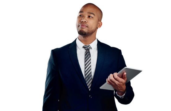 Businessman with suit, tablet and thinking isolated on transparent png background at law firm. Networking, digital app and black man, lawyer or attorney at online business, website or internet search