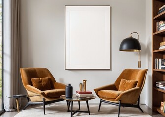 cozy and stylish living room with orange armchairs, round coffee table, curved lamp, and gray wall