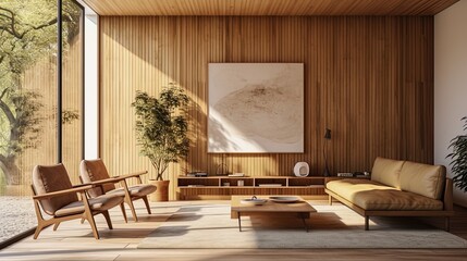 Modern living room with wooden walls and floor, poster, chairs and table. Created with Ai