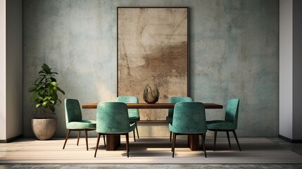 Interior of a dining room with chairs, table and textured background. Created with Ai