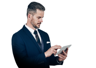Corporate, businessman and tablet for research on internet, reading and information for sales report. Person, holding and technology for scrolling on web on isolated or transparent png background