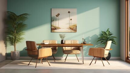 Modern and luxury dining room with green walls, painting, table and chairs. Created with Ai