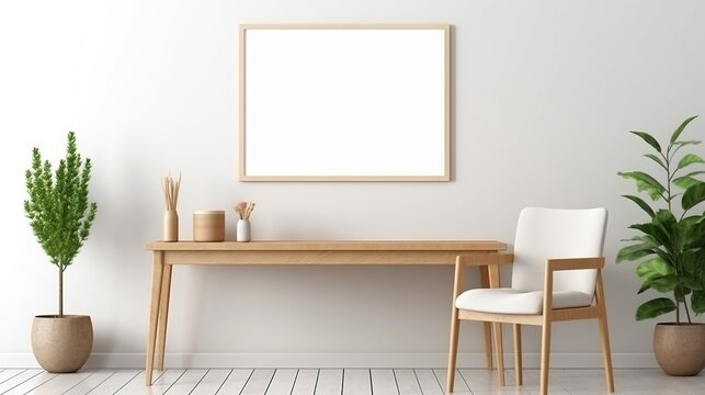 Blank poster frame in living room interior, with wooden table and chair. Created with Ai