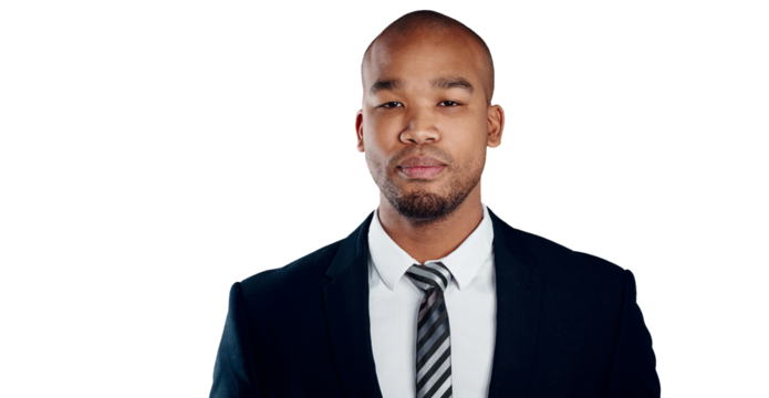 Portrait of businessman with career, pride and isolated on transparent png background for job at law firm. Face, confidence and black man, lawyer or attorney with business, opportunity or support.