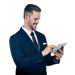 Tablet, corporate and info with a business man in a formal suit isolated on a transparent background. Smile, tech and research with a happy mature employee on PNG for a professional career or job