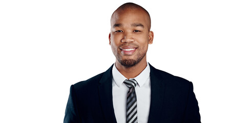 Portrait of businessman with smile, pride and isolated on transparent png background for job at law firm. Face, confidence and happy black man, lawyer or attorney with business, opportunity or career