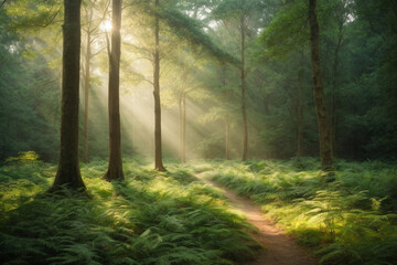 Fototapeta na wymiar A tranquil forest glade with dappled sunlight