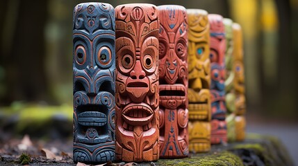 A mesmerizing outdoor display of intricate carved totems, each one a unique and powerful artifact...