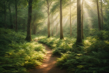 A tranquil forest glade with dappled sunlight
