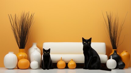 A sleek black feline lounges atop a pristine white sofa, framed by vibrant orange vases against a...