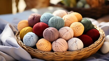 Amidst the easter decorations, a rustic basket overflows with colorful yarn balls, a tapestry of texture and possibility waiting to be woven into cozy creations - Powered by Adobe