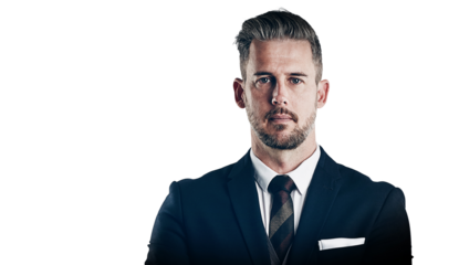 Businessman, portrait and confident professional employee, company manager in formal suit or isolated transparent png background. Male person, face and corporate consultant career, proud staff or job
