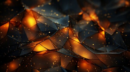 A mesmerizing fusion of fiery amber and golden light emanates from the heated polygonal surface,...