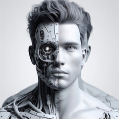 portrait of a person with futuristic humanoid robot