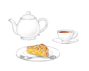 A slice of apple pie, a cup of tea and a teapot