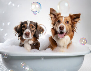 two dogs in the bubble bath together getting clean generative ai - 685486672