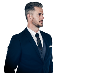 Thinking, vision and business man planning strategy, problem solving for solution and insight isolated on a transparent png background. Serious, professional lawyer and decision, dream or inspiration