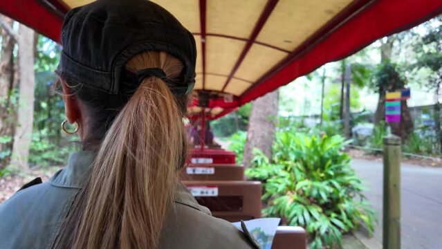 Women enjoying a ride on an old scenic train traveling through a Wildlife Sanctuary park.