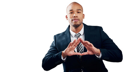 Business, portrait and black man with hand gesture, triangle or shape on isolated, transparent or png background. Face, sign and entrepreneur with frame palm for dynamic, force or creation power pose