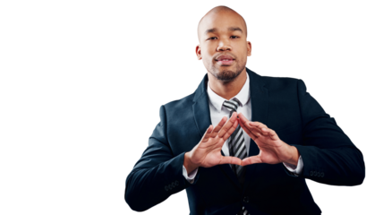 Business, portrait and black man with hand gesture, triangle or shape on isolated, transparent or png background. Face, sign and entrepreneur with frame palm for dynamic, force or creation power pose