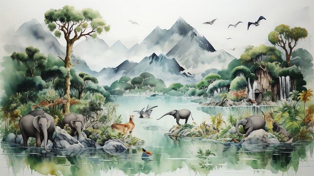 lake river mountain landscape with animals wild life watercolor painting for wall art background wallpaper