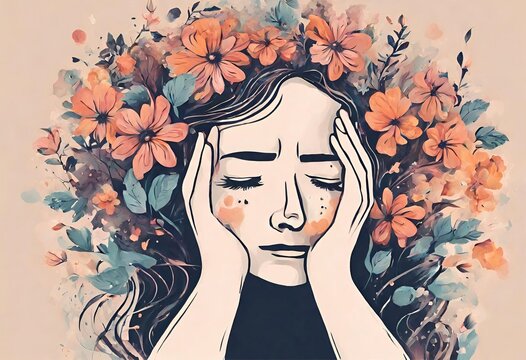 Dramatic and Emotional: Sad Girl Illustration Beautiful woman Moody Portrait with flowers