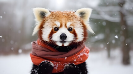 Red Panda with scarves, goofy, winter background