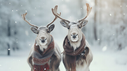 reindeer with scarves, goofy, winter background - obrazy, fototapety, plakaty