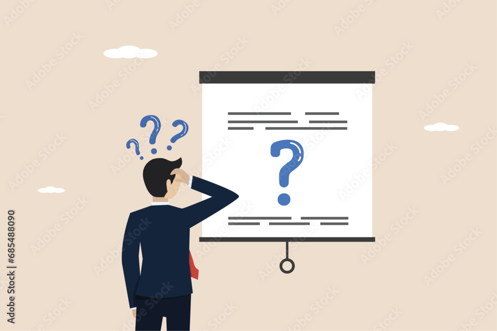 Poster detailed business strategy, business analysis to find a solution, faq, problem solving, businessman 