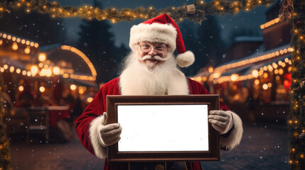 Santa's Enchanted Moment: Jolly Old Saint Nick Holding a Transparent Frame Amidst Festive Cheer and Winter Wonderland Magic.