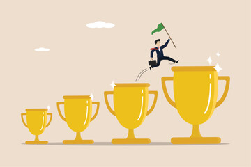 Winners, business people get awards, entrepreneurs get promotions or titles, smart entrepreneurs jump from the cup to the big trophy to get success. - obrazy, fototapety, plakaty