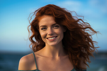 Fototapeta premium Smiling beautiful red-haired woman on sea