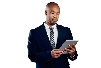 Businessman with tablet, reading online and isolated on transparent png background for law firm email. Networking, digital app and black man, lawyer or attorney with business, website or research.