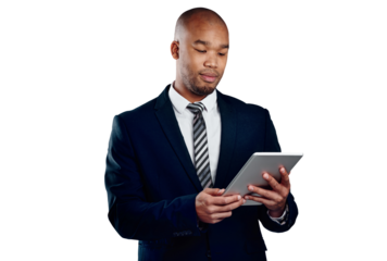 Businessman with tablet, reading online and isolated on transparent png background for law firm email. Networking, digital app and black man, lawyer or attorney with business, website or research.