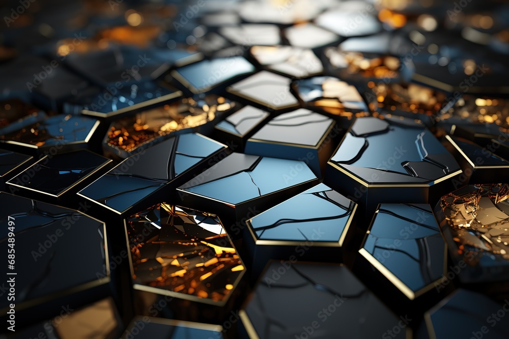 Poster futuristic, high tech, dark background, with a square block structure. wall texture with a 3d cube t