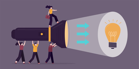 Business people uses giant flashlight illuminating light bulb. Right direction of company development, pitching ideas, brainstorming. team is moving along road to new ideas.