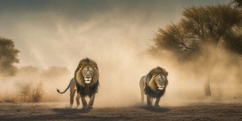 Two lions in action