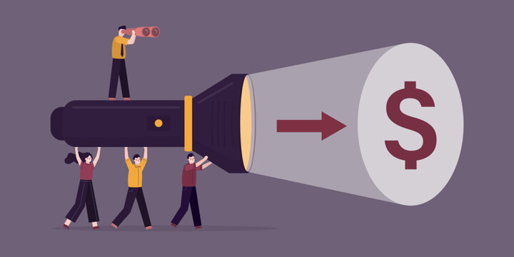 Business people uses giant flashlight uncovering dollar sign. Right direction of company development, team is moving along road to big profit and success.