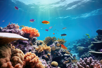 Naklejka na ściany i meble Blue fish coral sea reef nature underwater ocean water red animal