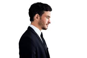 Profile, businessman and serious with vision for future, investment or financial growth for retirement. German person, male manager and idea in formal suit on isolated or transparent png background