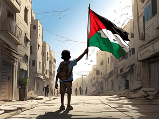 A Palestine kid holding his national flag