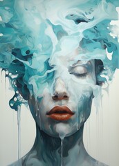 painting of a woman's face with eyes closed covered in blue liquid