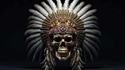 a skull wearing an indian headdress on black background