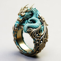 Beautiful gothic ring with a dragon silhouette and ornate pattern, turquoise colored, isolated on white