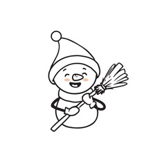 cute cartoon snowman in a santa hat and scarf with a broom. Doodle style. Christmas coloring book. Vector