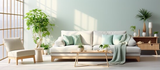 Stylish Scandinavian living room with mint sofa, furniture, mock-up poster map, plants, and personal accessories. Modern home decor. Open space with dining room. Template ready.
