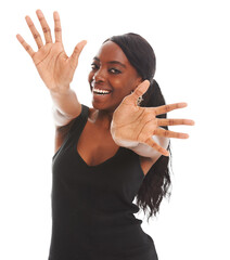 Portrait of black woman with excited hand sign, smile and model isolated on transparent png...