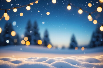 Snowdrift and defocused Christmas lights. Festive Christmas natural snowy landscape. Snow background with Copy space.