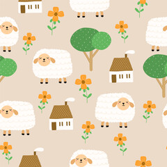 Seamless pattern with cute sheep, flower cottage, tree for your fabric, children textile, apparel, nursery decoration, gift wrap paper, baby's shirt. Vector illustration