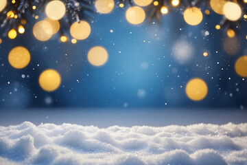 Snowdrift and defocused Christmas lights. Festive Christmas natural snowy landscape. Snow background with Copy space.